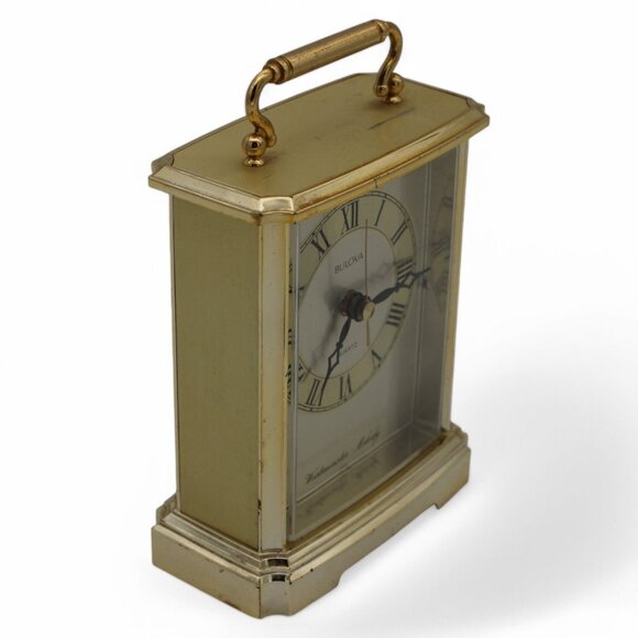Vintage Bulova Westminster Melody Gold-Tone Mantel Clock Quartz With Handle - Picture 6 of 7
